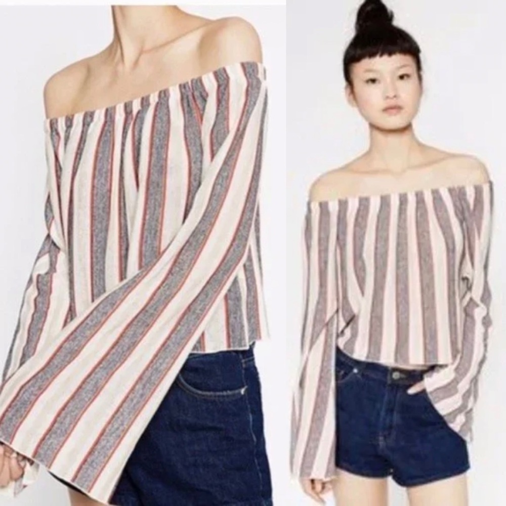 Zara Trafaluc Striped Long Bell Sleeve Off the Shoulder Knit Top